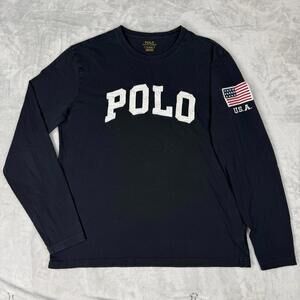 Polo Ralph Lauren Long Sleeve Tee Black POLO Applique USA Patch Sz M Y2K Casual